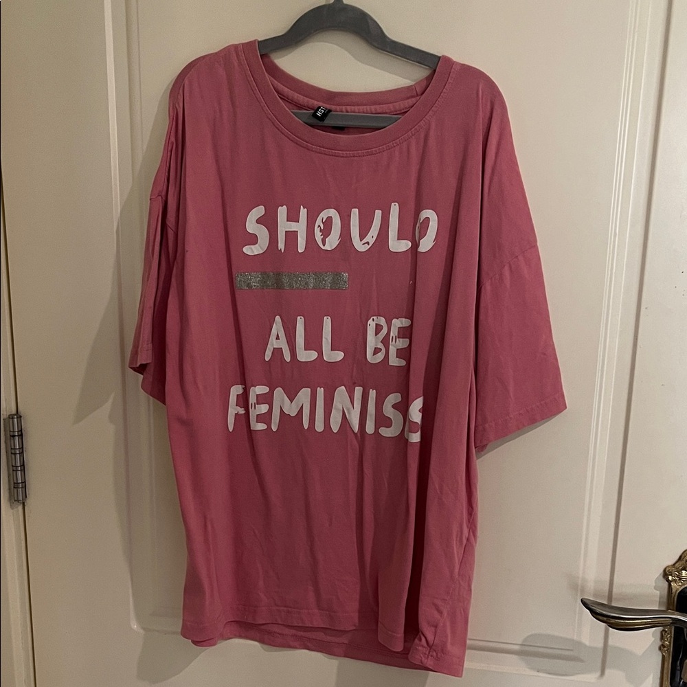 Women's Oversized Pink Graphic Tee - Feminist Slogan